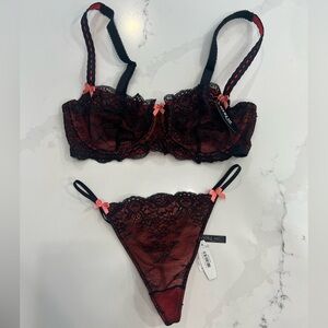 Adore Me Red and Black Lace Bra and Thong Set with Floral Patterns